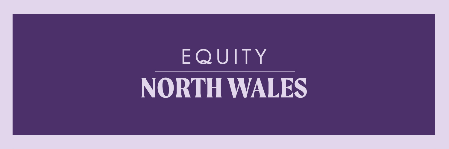 Lilac text against a purple backdrop reads "Equity - North Wales"