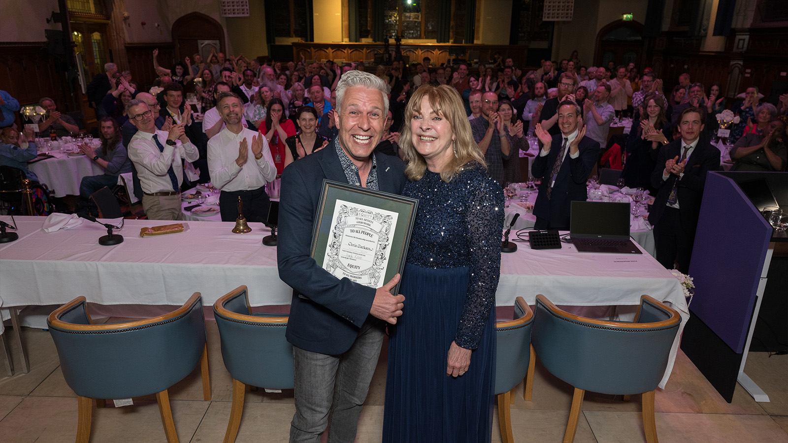 Chris with his certificate and Equity President Lynda Rooke.