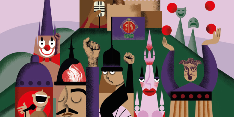 image shows illustration of the Edinburgh city skyline but the gothic buildings are imagined as different types of performers and variety artists, in a surrealist style