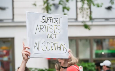 Protestor holding a sign that says "Support artists not algorithms"