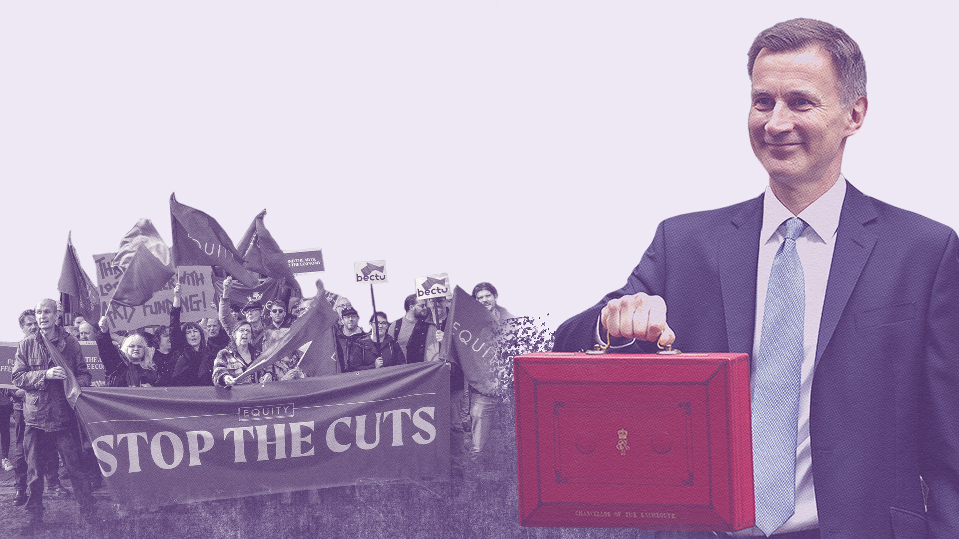 Jeremy Hunt holds a red briefcase next to an Equity banner with a purple overlay