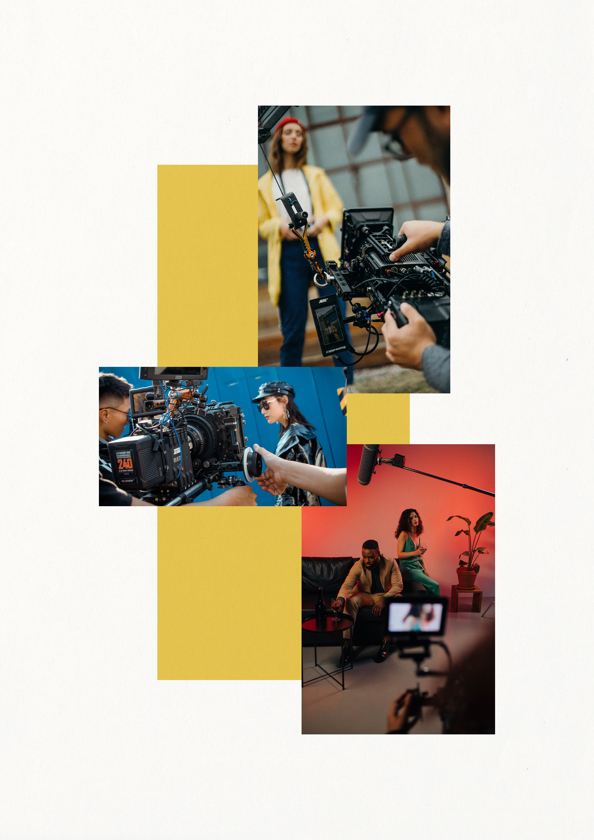 image shows collage of three photos of actors working on commercial shoots, the image is predominately in primary colours