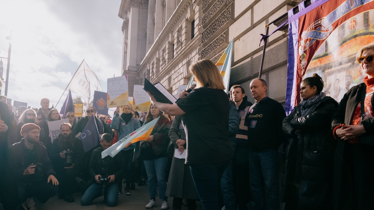 Deborah Davison, ENO chorister and Equity Dep, addresses the protesters at DCMS