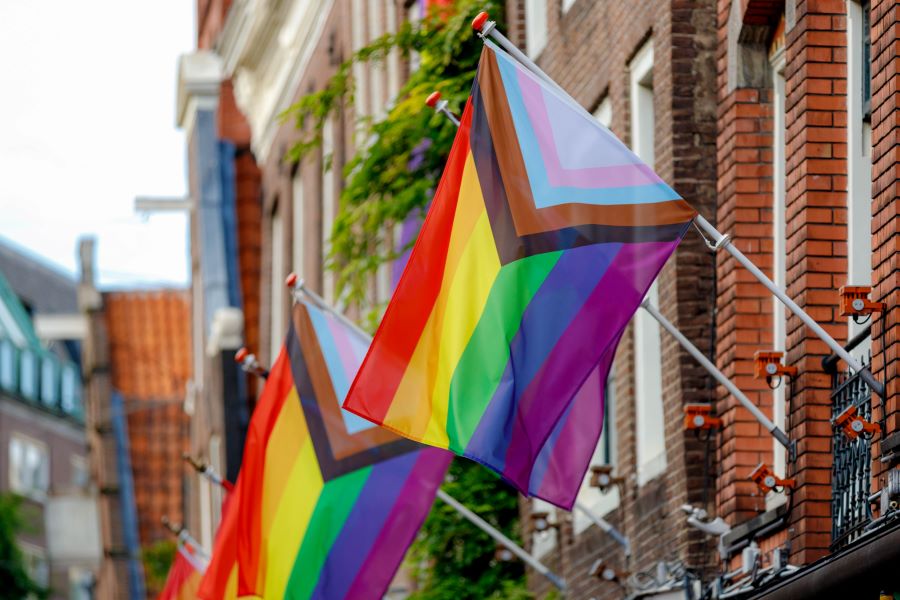 Photo shows pride flags on side of red brick houses