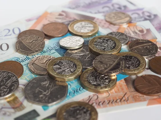 Pound coins and pound notes.