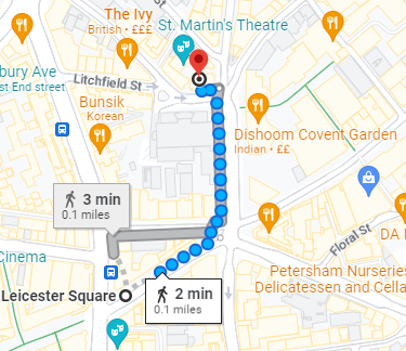 Map showing the walk from Leicester Square tube station to Guild House