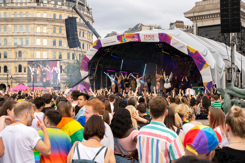Stage with performers at Pride London