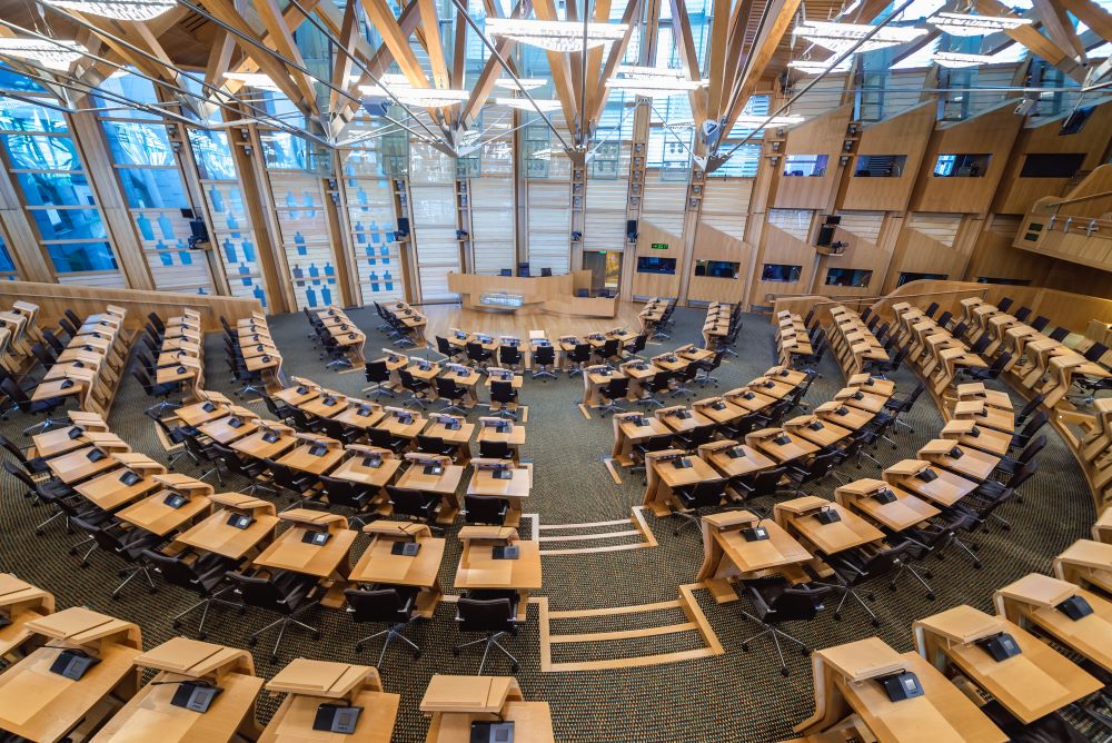 Photo shows aerial view of main chamber of Scottish Parliament in Edinburgh, Scotland
