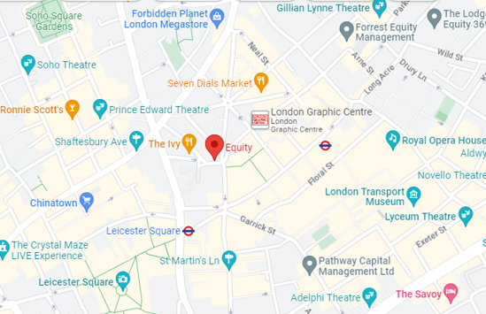 Google Maps showing the location of the Equity head office indicated by the red pin, at Guild House, Upper St Martin’s Lane, London, WC2H 9EG.
