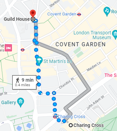Map showing the walk from Charing Cross station to Equity, Guild House.