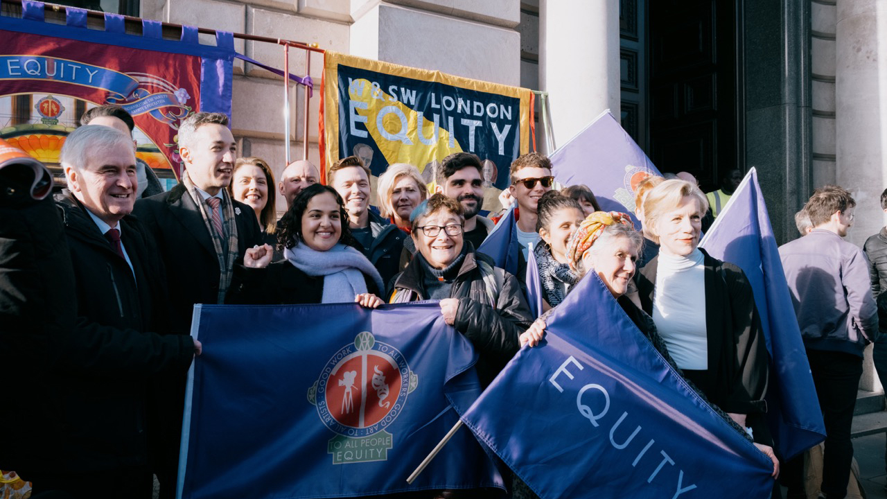 Equity members, including Juliet Stevenson, join councillors and officials outside DCMS