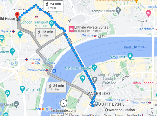 Map showing the walk from Waterloo Station via Jubilee Bridge to Equity, Guild House