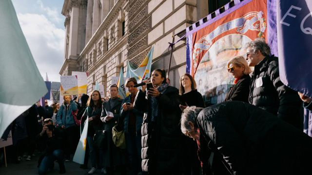 Zainab Hasan, Equity Councillor, addresses protesters at DCMS