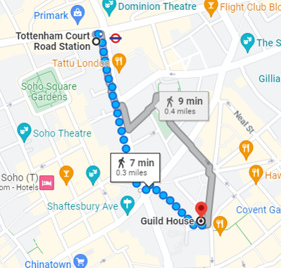 Map showing the walk from Tottenham Court Road tube station to Guild House
